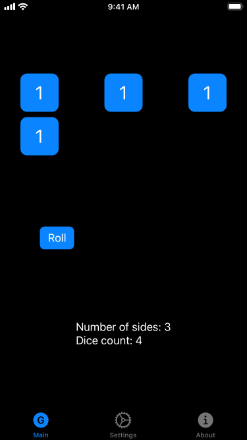 Main Screen showing the dice.